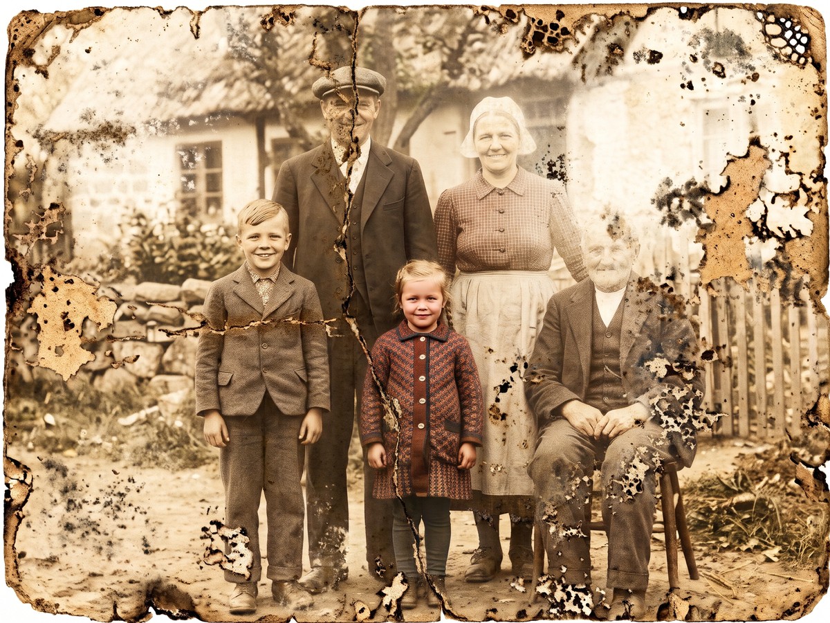 An old, damaged black and white photograph